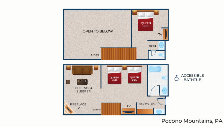 The floor plan for the Accessible Loft Fireplace Suite 